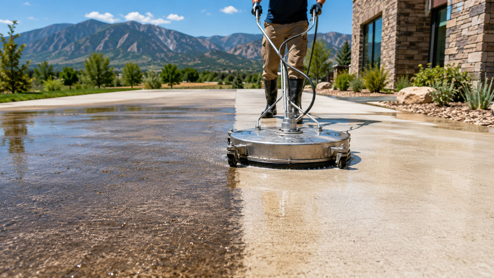 Professional pressure washing of exterior surfaces